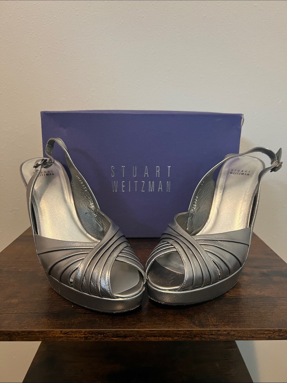 Stuart Weitzman Silver Leather Peep-Toe Slingback Heels